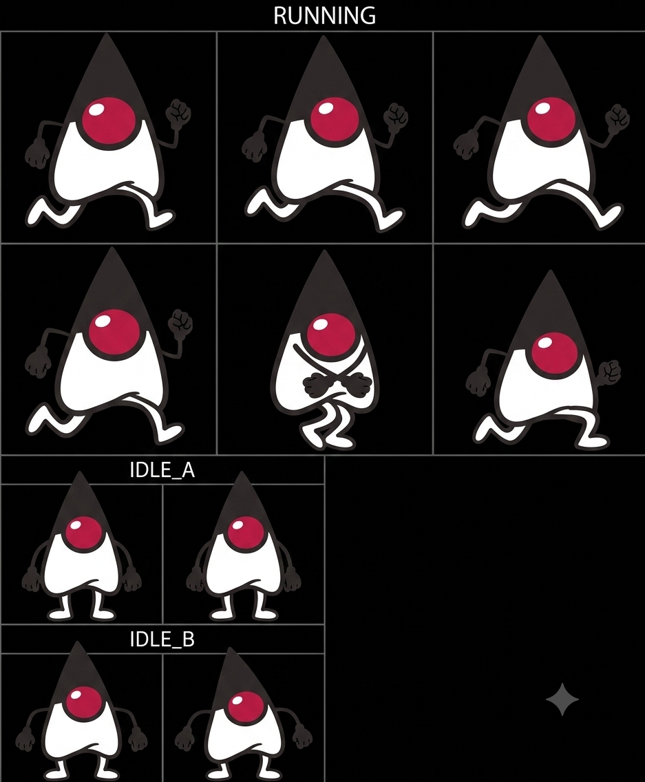 The raw Duke sprite sheet — labeled RUNNING / IDLE sections on a black background